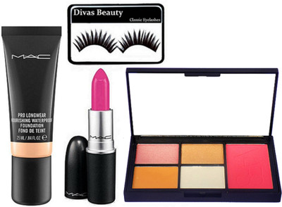 

divas beauty Eyelashes with Pink Shade Matte Finish Lipstick, Pro Longwear Nourishing Waterproof Foundation, 5 Shade palette(Set of 4)