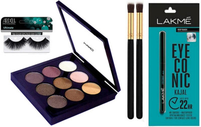 Ultimate Eyelashes With Mac 9 Shade Eye Shadow Palette & Eyeconic Kajal,Makeup Brush 2(Set of 5)