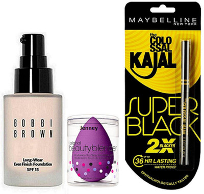 

jenney sponge puff with bobbi brown foundation, New York Colossal Kajal Super Blackajal 0.35g(Set of 3)