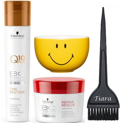 

tiara Hair Brush ,Schwarzkoof Q10 Plus BC Time Restore Shampoo, Repair rescue Masque, bowl(Set of 4)