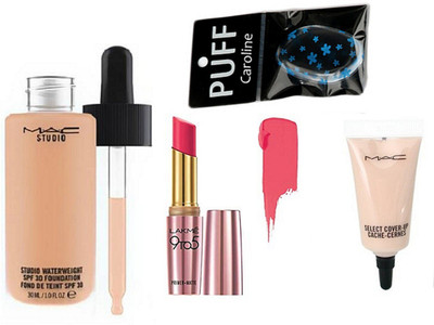 

caroline Silicon puff & studio waterweight foundation & Select cover-up concealer & primer matte lipstick(Set of 4)