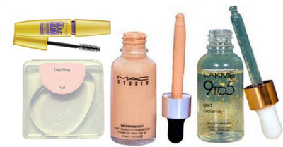 

Dazzling SiliconPuff and Maybelline Mascara and Mac Studio Waterweight Foundation and Lakme 9to5 Gold radiance serum (Set of 4)(Set of 4)