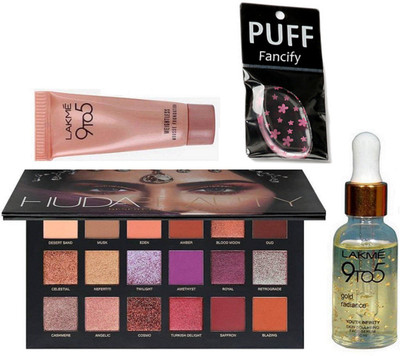 

fancify Silicon Puff & Lakm 9 to 5 Mousse Cream & Gold Radiance Face Serum & Huda Beauty Palette(Set of 4)