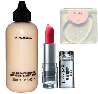 

Adorable silicone puff, mac face and body foundation , lakme inrich red lipstick(Set of 2)