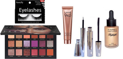 

Fancify Eyelashes , Lakme 9 to 5 Mousse Foundation , Brooke Candy Eyeliner , Mascara & Highlight &Huda Beauty Palette(Set of 6)