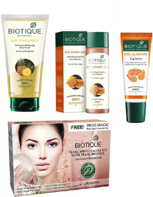 

BIOTIQUE BIO Pineapple Oil Control Foaming Face wash, Bio Honey Gel Refreshing Foaming Face Cleanser For All Skin Types, Bio Pearl White Facial Kit, LIP CARE(Set of 4)