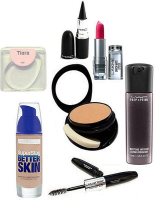 

tiara Silicon Puff , mac Prep+Prime Face Serum , Two Way Compact , Stick Kajal , Lakme Enrich Lipstick , Color bar Eyeliner And Mascara , Maybelliene New York Super Stay better Skin Foundation(Set of 7)