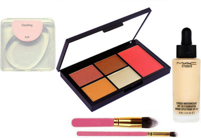 

Dazzling Silicon Puff & Nars 4 Shades Eye Shadow,1 Shade Blusher Palette & 2 Makeup Brush & Mac Studio Water Weight Foundation (Set of 5)(Set of 5)