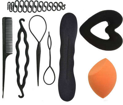 Bella Hararo 8pc set Juda Maker + Heart shape donut + Braid Maker + Hair Styling Tools & Half Cut Sponge Puff(Set of 8)