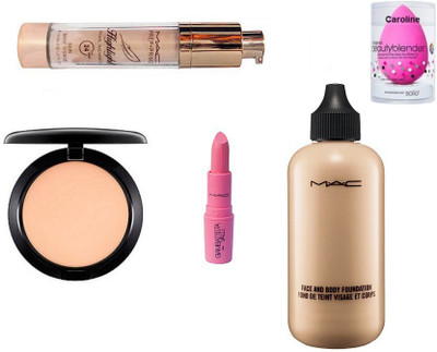 

caroline Sponge puff, Mac studio waterweight spf 30 foundation, compact, Pearl Radiance Highlight & Giambattista valli lipstick(Set of 5)