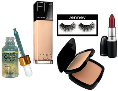

jenney Eyelashes, Maybelline New York Fit Me Foundation, Two Way Compact, Matte Finish Long Lasting Lipstick, 9to5 Face Serum(Set of 5)