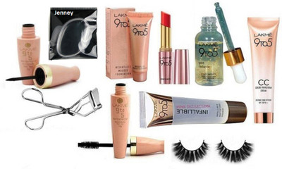 

jenney ilicon Puff With Lakme 9to5 Mousse Foundation 6gm,Liquid Eyeliner With Mascara & Primer+Matte Lipstick & Eyelashes Curler,Eyelashes,Gold Radiance Face Serum,Infallible Mattifyin Primer,CC Cream(Set of 10)