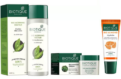 

BIOTIQUE BIO Morning Nectar Flawless Skin Lotion For All Skin Types, Bio Winter Green Sport Correcting Anti Acne Cream, LIP CARE(Set of 3)