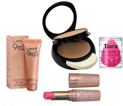 

tiara Spouge Puff , 9To5 Weightless Mousse Foundation & Lipstick, Mac Two Way Compact(Set of 4)