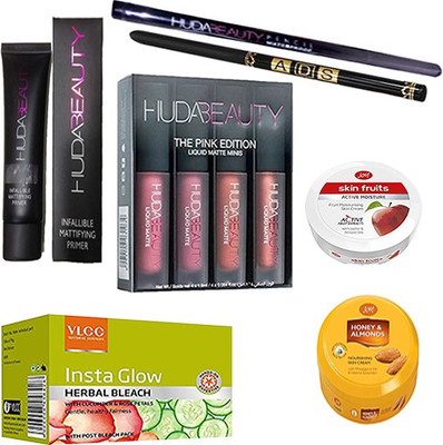 

Joy Fruits Active Moisture (8 ml) & Aloe Multi Body Ltn Skin Cream (15 ml), Vlcc Insta Glow Herbal Bleach (54 g), 4 Mini Pink Eddition Lipstick, 2 Waterproof Eyeliner, Primer (35 ml) Of Huda(Set of 7)