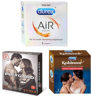 Durex AiR, Kohinoor Chocolate, Playgard More Time Chocolate (9 Condoms) Combo Condom(Set of 3, 9S)