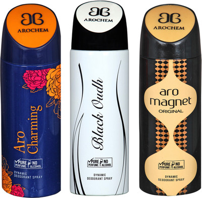 

arochem ARO CHARMING & BLACK OUDH & ARO MEGNET DYNAMIC DEODORANT SPRAY FOR DYNAMIC NO ALCOHOL Body Spray - For Men & Women(600 ml, Pack of 3)