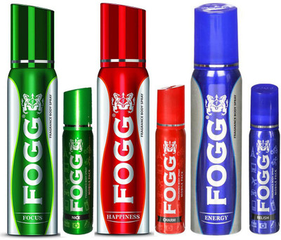 

Fogg Deodorant FOCUS, ENERGY & HAPPINESS 120ml x 3 Mobile Pack NICE, CHARM & RELISH 25ml x 3 Body Spray - For Men & Women(450 ml, Pack of 6)