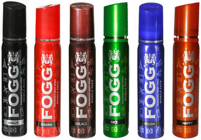 

Fogg Body Spray Mobile Pack Pocket Deo AMAZE, CHARM, HAPPY, SOLACE, NICE & RELISH 25ml x 6 Body Spray - For Men & Women(150 ml, Pack of 6)
