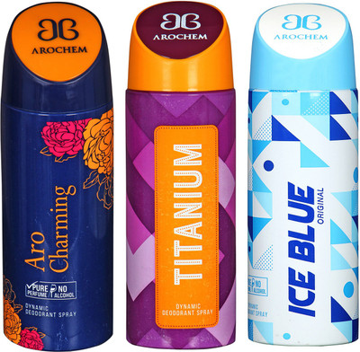 

arochem ARO CHARMING & TITANIUM & ICE BLUE DEODORANT SPRAY Body Spray - For Men & Women(600 ml, Pack of 3)