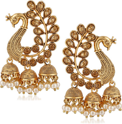 Divastri Bridal Wedding Traditional Gold Pearl Peacock Kundan Jhumkas/ Jhumka/ Jhumki Earrings For Women Girls Diamond, Pearl Alloy Jhumki Earring