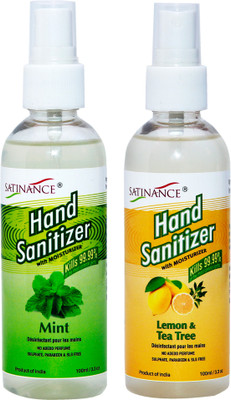 

Satinance Lemon & Tea Tree Hand Sanitizer with Moisturizer 100 ml + Mint Hand Sanitizer with Moisturizer 100ml - Kills 99.99% of the most common Germs(200 ml, Pump Dispenser, Pack of 2)