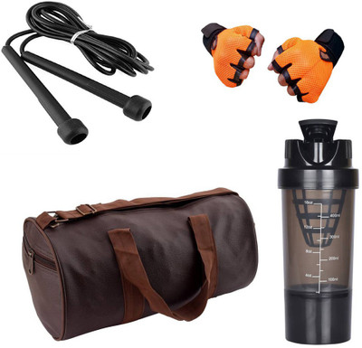 

style pro Combo of black leather look gym bag,Orange gloves,Black Cyclone Shaker and Black Skipping rope Gym & Fitness Kit