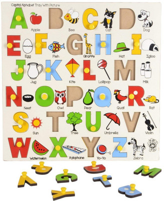 

sri balajee Wooden Capital Alphabet Tray with Picture with Knobs, Multi Color(Multicolor)