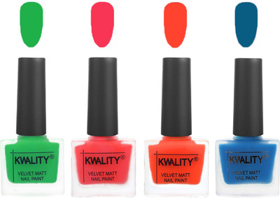 

Kwality Velvet Dull Matte Posh Shades Party Girl Range Nail Polish Sets Green,Pink Mania,Candy Orange,Peacock Blue(Pack of 4)