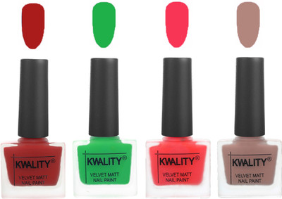 

Kwality Velvet Dull Matte Posh Shades Party Girl Range Nail Polish Sets Red,Green,Pink Mania,Salmon Run(Pack of 4)