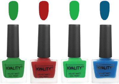 

Kwality Velvet Dull Matte Posh Shades Party Girl Range Nail Polish Sets Dark Green,Red,Green,Peacock Blue(Pack of 4)