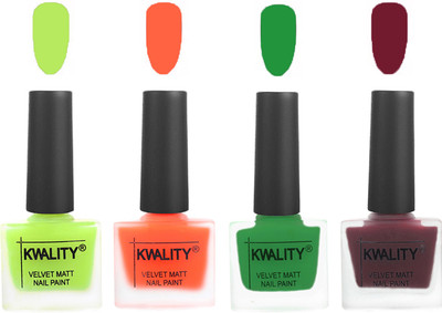 

Kwality Velvet Dull Matte Posh Shades Party Girl Range Nail Polish Sets Parrot Green,Carrot Orange,Dark Green,Maroon(Pack of 4)