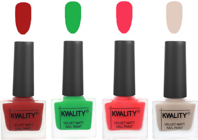

Kwality Velvet Dull Matte Posh Shades Party Girl Range Nail Polish Sets Red,Green,Pink Mania,Light Beige(Pack of 4)
