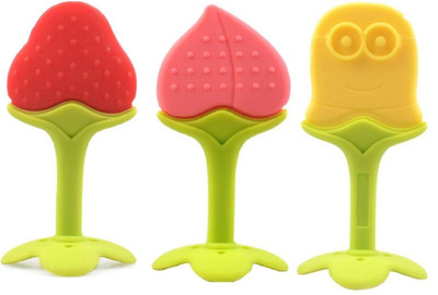 

Hytech Combo Of 3 Flexible Fruit Shape Teether- Berry Cream & Minion- 100% BPA FREE Teether(Multicolor)