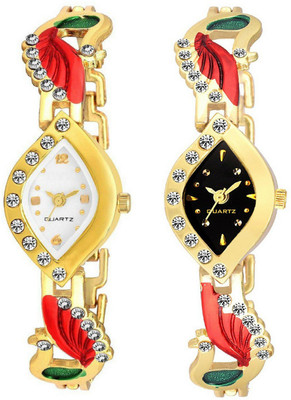 

Orayan Golden Metal Strap White And Black Dial KUNDAN Combo of Two Watch - For Women