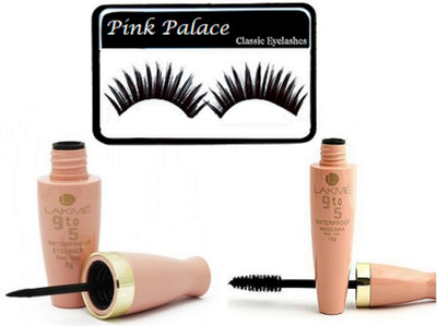 

pink palace Eyelashes,Lakme 9to5 Eyeliner & Mascara(Set of 3)