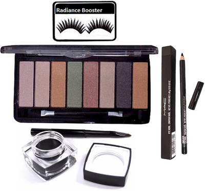 

radiance booster Eyelashes & Mac 8 Shades Eye shadow Palette & Pencil Kajal & Fluid line Gel Eyeliner(Set of 4)
