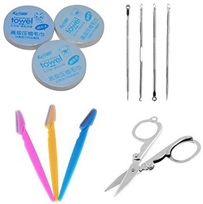 

PELO Combo of Disposable Compressed Towel, Blackhead Tool, Eyebrow Razor and Small Folding Scissor, Multicolour, Pack of 1(Set of 4)