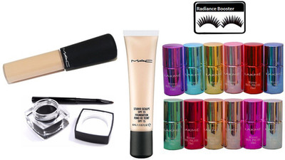 

radiance booster Eyelashes & Lakme Nail Paint (Pack Of 12) & Mac Studio Sculpt Foundation & Mineralize Concealer & Fluid Line Gel Eyeliner(Set of 16)