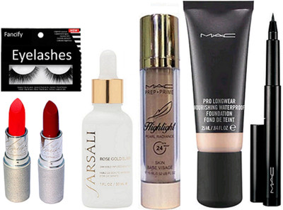 

fancify eyelashes, foundation, pen eyeliner, prep+prime highlighter, mariah carey lipstick pack of 2, rose gold elixer face serum(Set of 7)