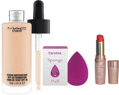 

caroline Sponge Puff, Mac Studio Waterweight Foundation & Lakme 9to5 crease less lipstick(Set of 3)