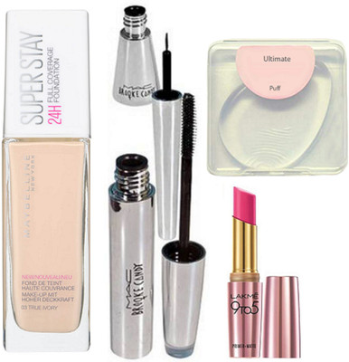 

Ultimate silicon puff, super stay full coverage foundation, Brooke candy eyeliner and mascara, lipstick(Set of 5)