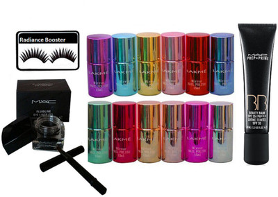radiance booster Eyelashes & Lakme Nail Paint (Pack Of 12) & Mac BB Beauty Balm Cream & Fluid Line Gel Eyeliner(Set of 15)