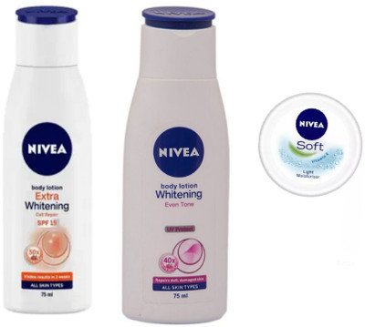 

Nivea EXTRA WHITENING CELL REPAIR 75ML + WHITENING EVENTONE 75ML + SOFT CREME 50ML(Set of 3)