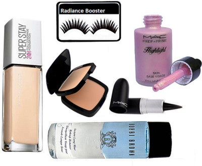 

radiance booster Eyelashes & Maybelline Super Stay Foundation & Two Way Compact & Stick Kajal & Prep+Prime Highlight & Bobbi Brown Makeup Remover(Set of 6)