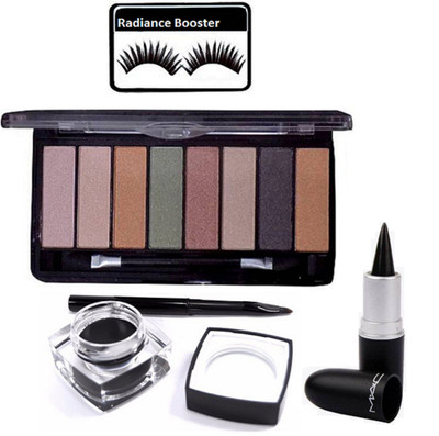 

radiance booster Eyelashes & Mac 8 Shades Eye shadow Palette & Stick Kajal & Fluid line Gel Eyeliner(Set of 4)