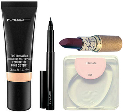 

Ultimate Silicon Puff & nourishing waterproof Foundation & pen eyeliner, matte FInish Lipstick(Set of 4)