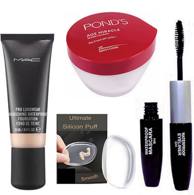 

Ultimate Silicon Puff & nourishing waterproof Foundation & Eyeliner + Mascara,Age Miracle Day Cream(Set of 4)