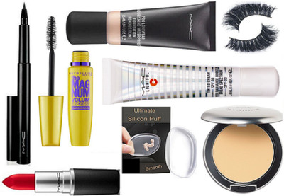 

Ultimate Silicon Puff With Foundation & Lightfull Tinted Cream SPF 30, Pen Eyeliner,Matte Finish Lipstick,Studio Perfect Compact,Eyelashes,The Magnum Volume Express Mascara(Set of 8)