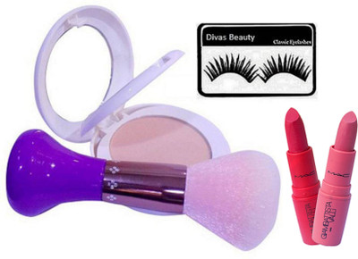 

Divas Beauty Eyelashes & Mac Two Way Loose Powder Compact, Makeup Brush & Giambattista Valli Lipstick 2(Set of 5)